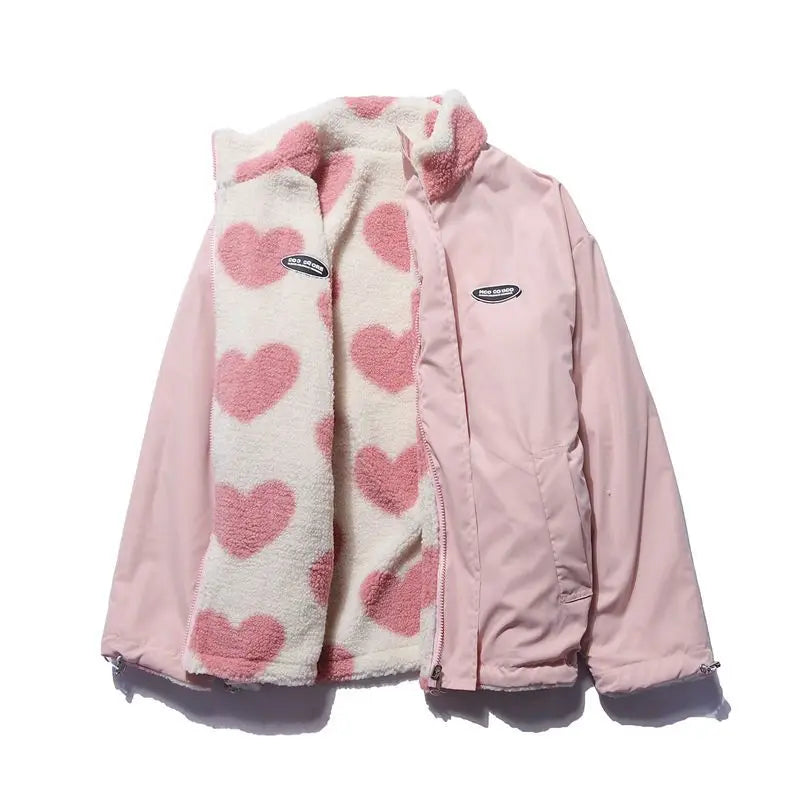 Heart Print Fleece Jacket – Oversized Y2K Lambswool Coat for Men and Women - Pink / S - Women’s Clothing &