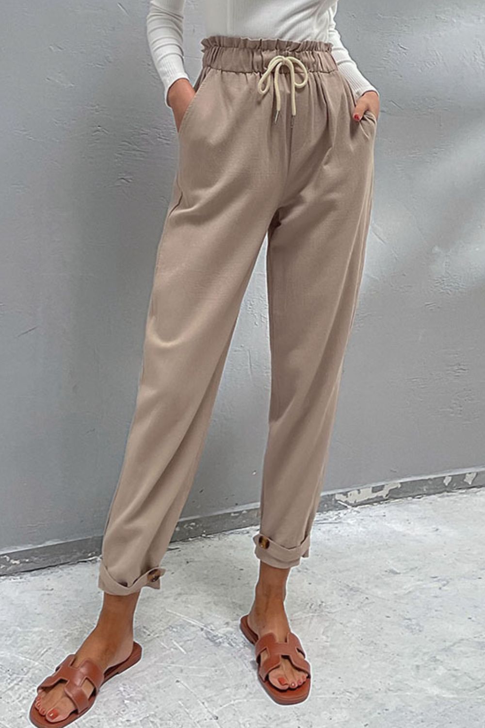 Drawstring Paperbag Waist Button Detail Pants - Bottoms - Pants - 3 - 2024