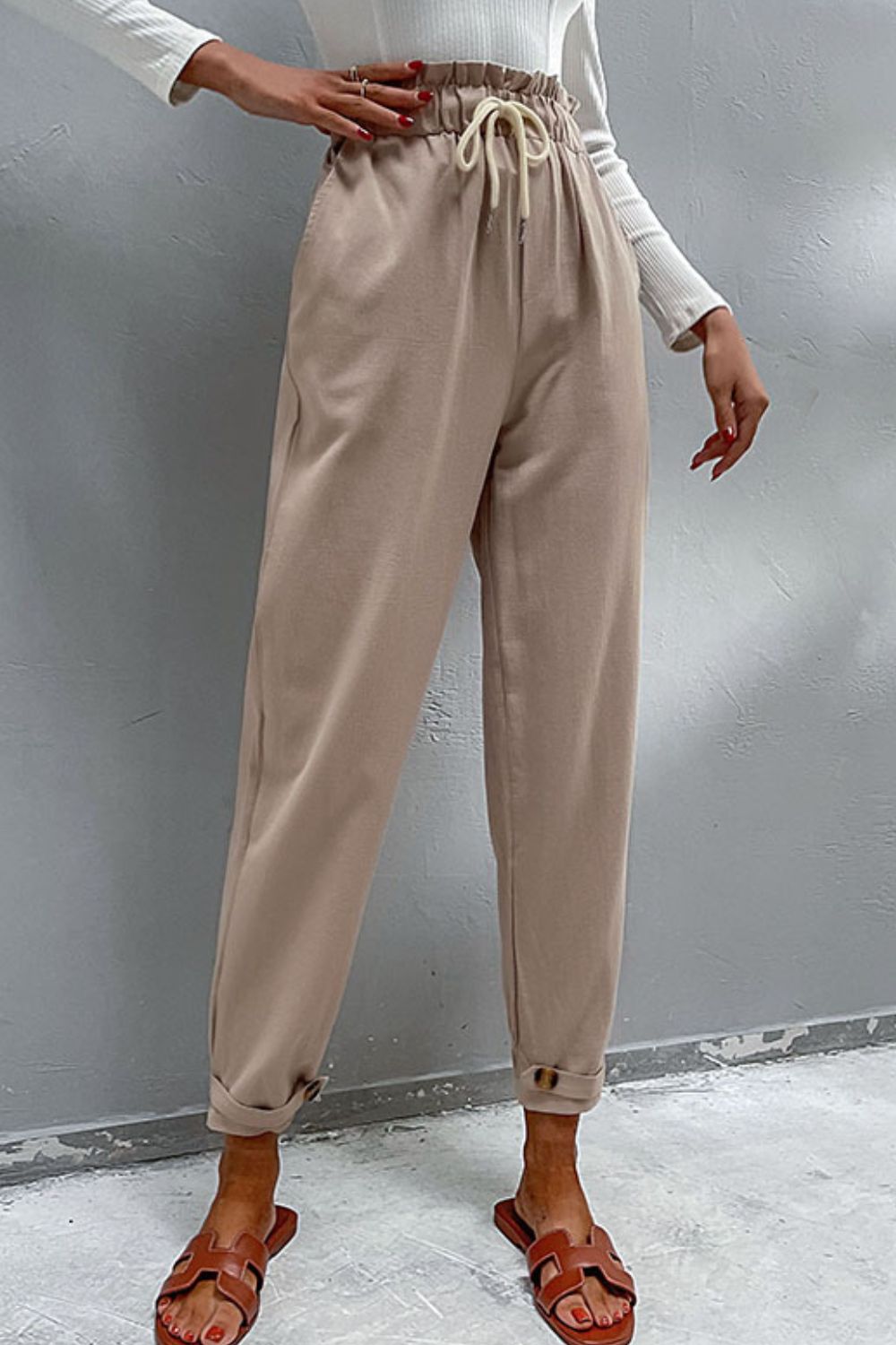 Drawstring Paperbag Waist Button Detail Pants - Bottoms - Pants - 4 - 2024