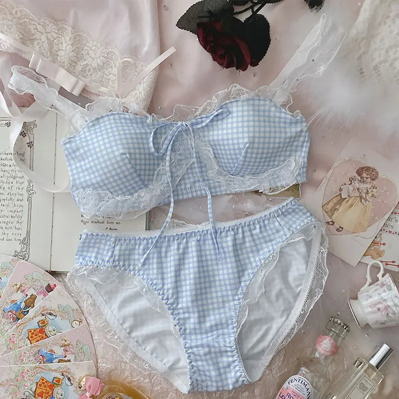 Harajuku Kawaii Fashion Pastel Gingham Lingerie Set - Blue / M - Women’s Clothing & Accessories - Lingerie - 6 - 2024