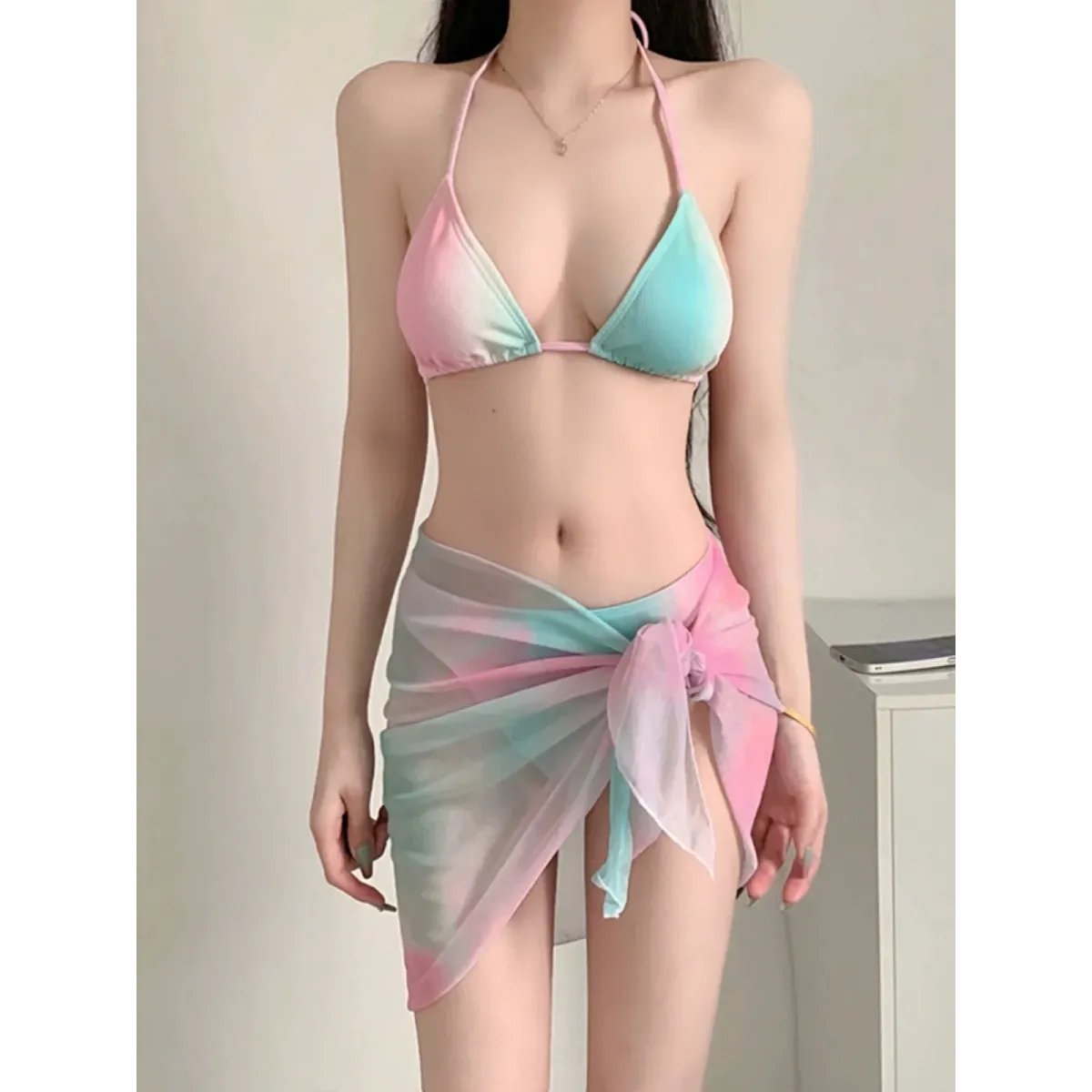 Pastel Gradient Halter Bikini Set – 3PC Korean Swimsuit with Mesh Skirt - Bottoms - Sleeveless - Swimwear - 1