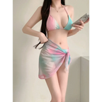 Pastel Gradient Halter Bikini Set – 3PC Korean Swimsuit with Mesh Skirt - Bottoms - Sleeveless - Swimwear - 5