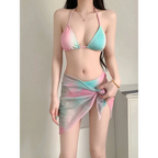 Pastel Gradient Halter Bikini Set – 3PC Korean Swimsuit with Mesh Skirt - Bottoms - Sleeveless - Swimwear - 4