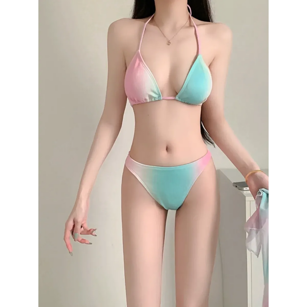 Pastel Gradient Halter Bikini Set – 3PC Korean Swimsuit with Mesh Skirt - Bottoms - Sleeveless - Swimwear - 3