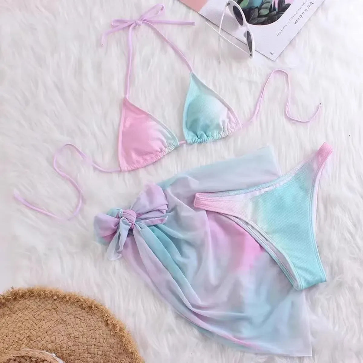 Pastel Gradient Halter Bikini Set – 3PC Korean Swimsuit with Mesh Skirt - Best Sellers - Sleeveless - Swimwear - 6