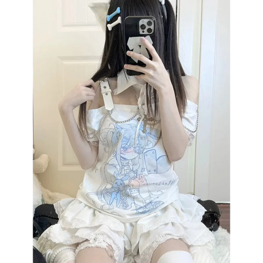 Pastel Menhera Off The Shoulder Tee - T-Shirts - 1