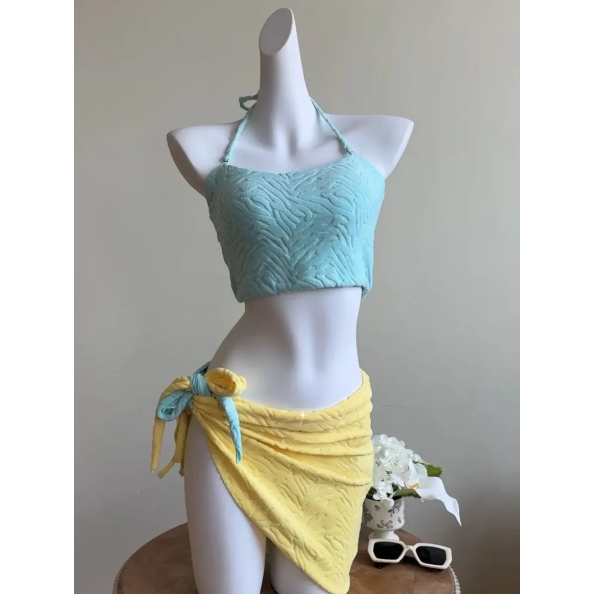 Patchwork Halter Bikini – Korean 3PCS Swimsuit with Skirt - Best Sellers - Sleeveless - Swimwear - 5
