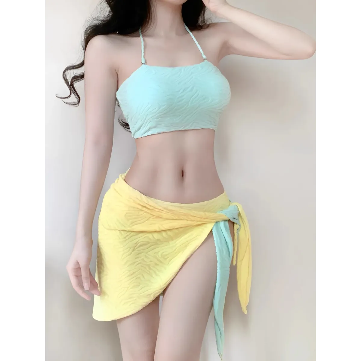Patchwork Halter Bikini – Korean 3PCS Swimsuit with Skirt - Bottoms - Sleeveless - Swimwear - 1
