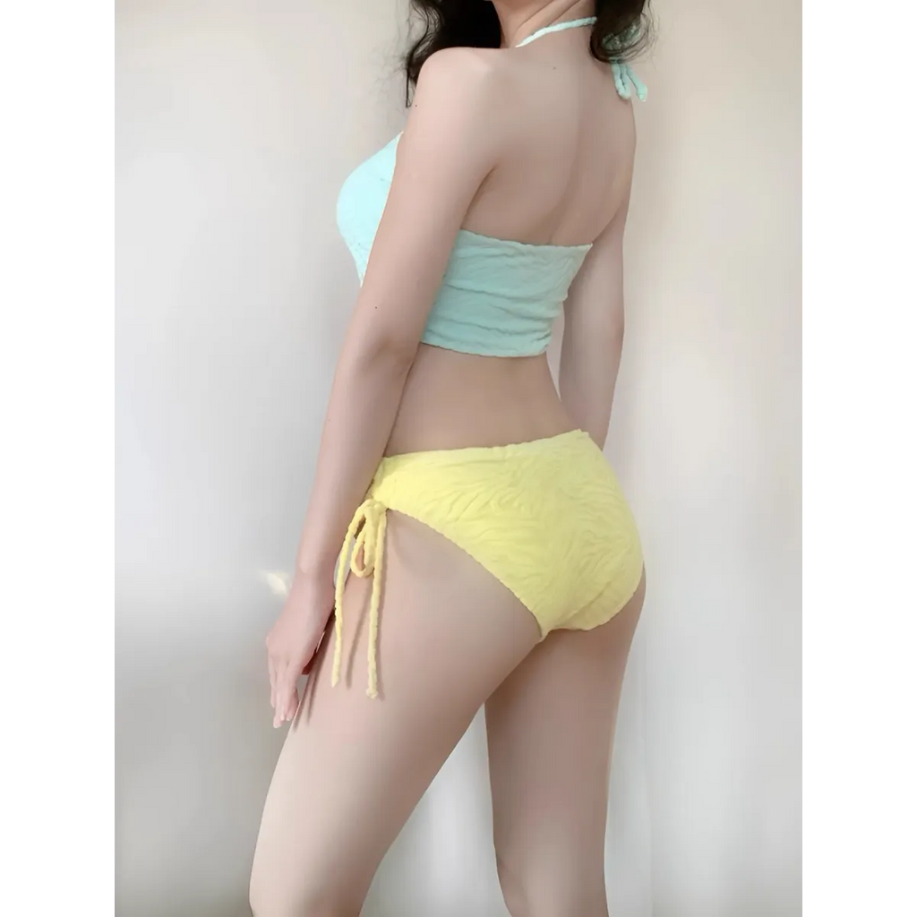 Patchwork Halter Bikini – Korean 3PCS Swimsuit with Skirt - Bottoms - Sleeveless - Swimwear - 3