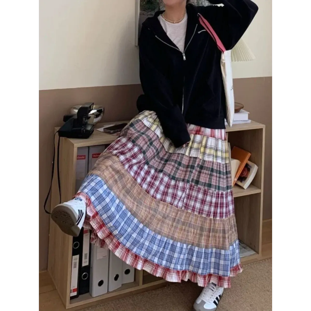 Vintage Y2K Patchwork Plaid Ruffle Skirt - Bottoms - Skirts - 1