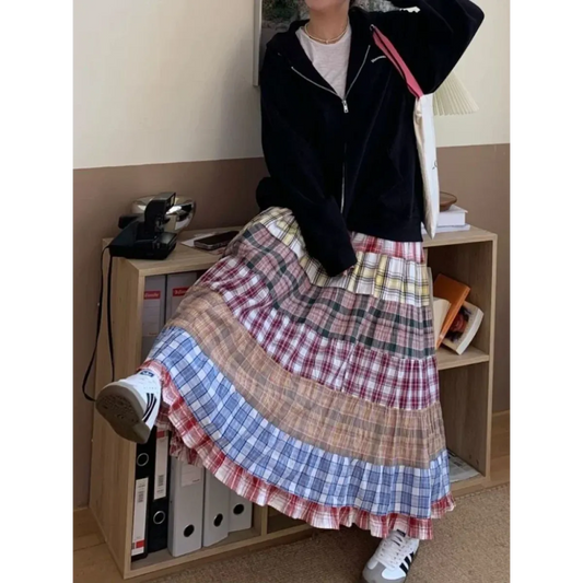 Vintage Y2K Patchwork Plaid Ruffle Skirt - Bottoms - Skirts - 1