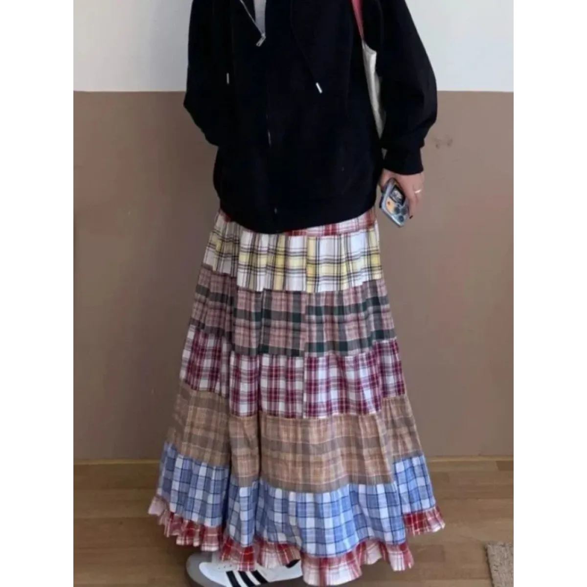 Vintage Y2K Patchwork Plaid Ruffle Skirt - Bottoms - Skirts - 2