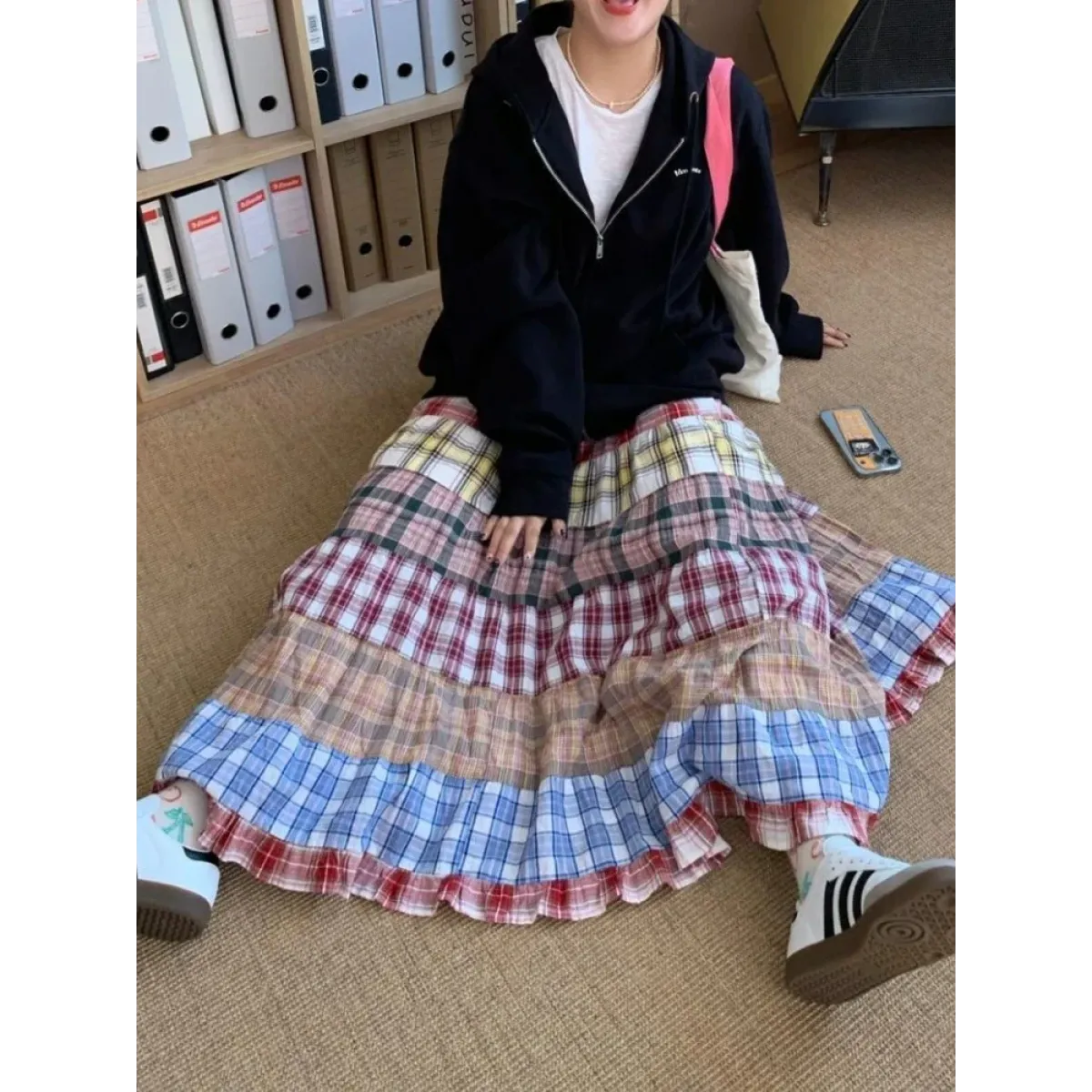 Vintage Y2K Patchwork Plaid Ruffle Skirt - Bottoms - Skirts - 4