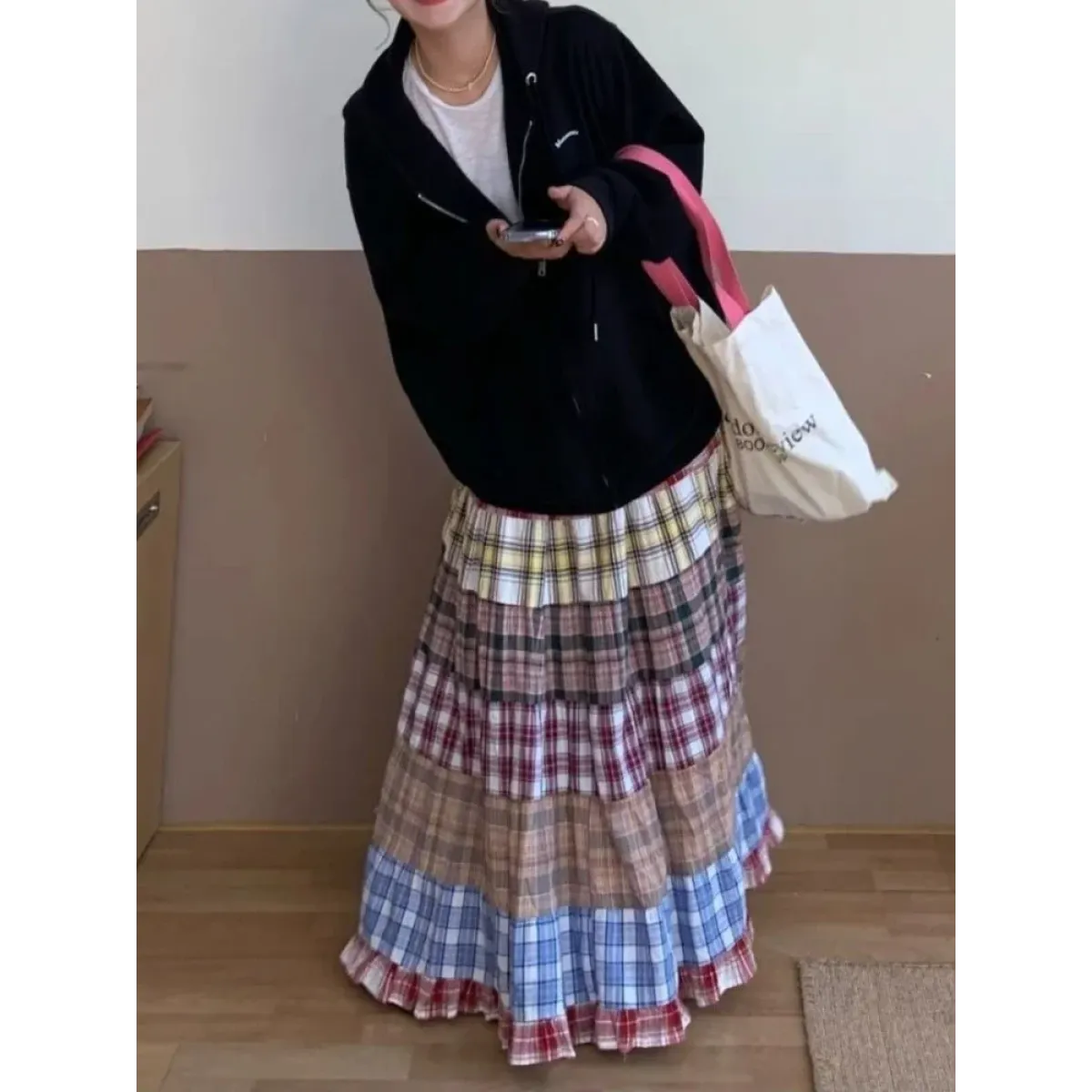 Vintage Y2K Patchwork Plaid Ruffle Skirt - Bottoms - Skirts - 5