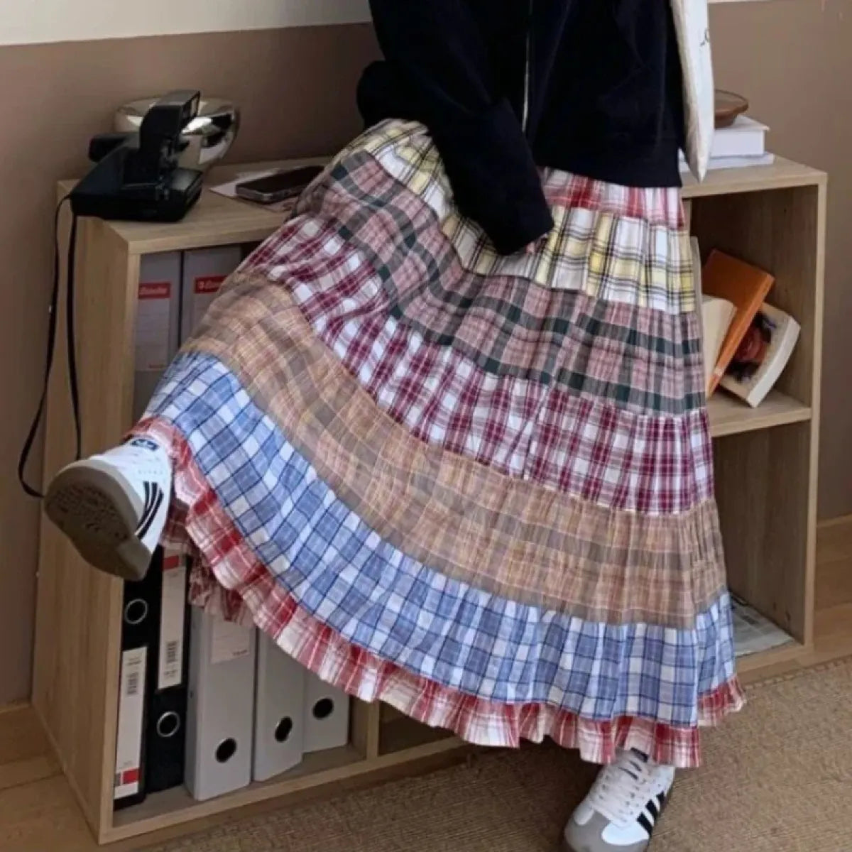 Vintage Y2K Patchwork Plaid Ruffle Skirt - Bottoms - Skirts - 7