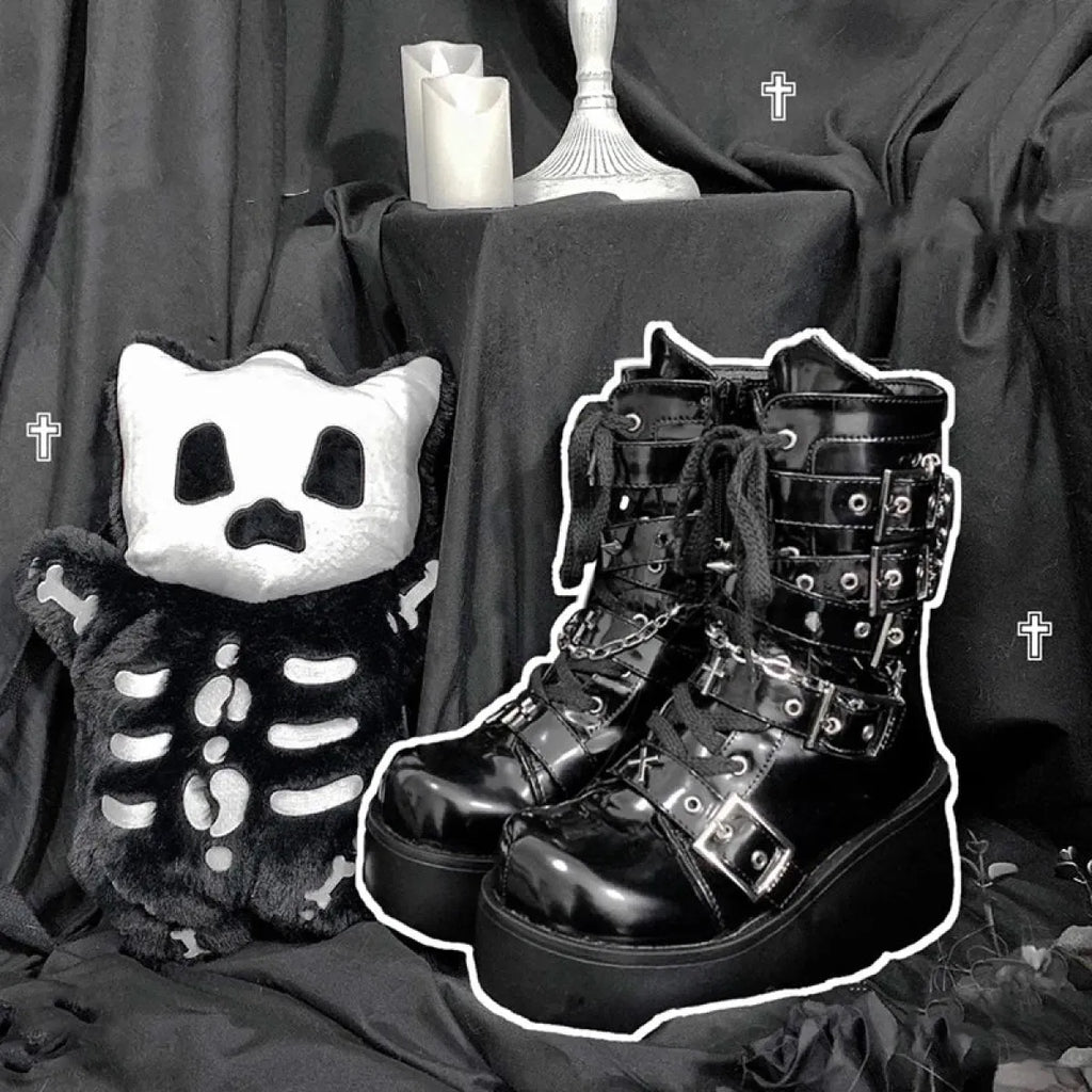 Metal Chain Patent Leather Ankle Boots - Chunky Platform Gothic Boots - Accessories - 4