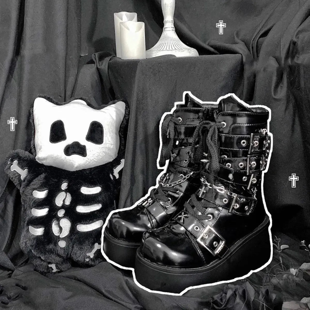 Metal Chain Patent Leather Ankle Boots - Chunky Platform Gothic Boots - Accessories - 4