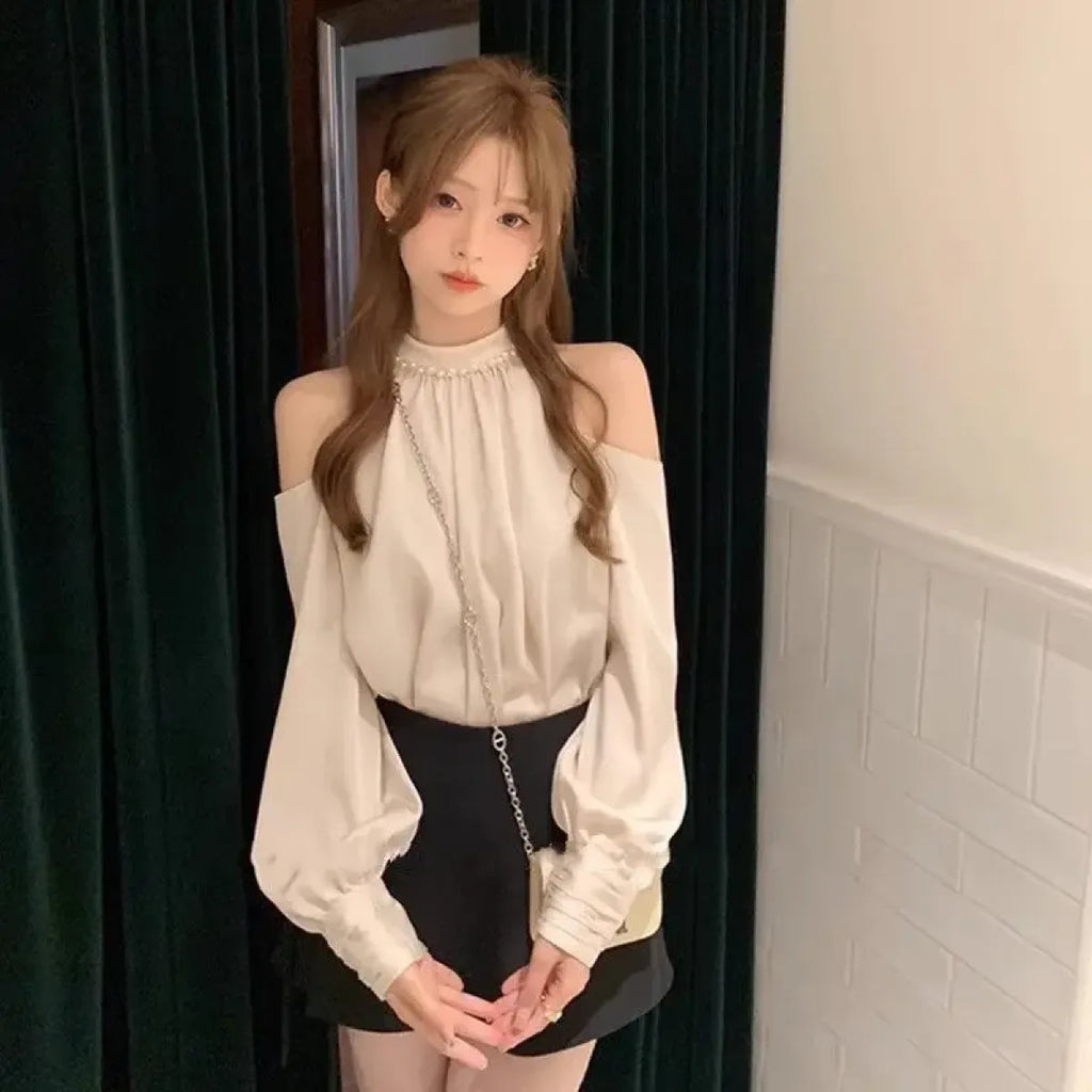 Korean Off-Shoulder Pearl Blouse - Women’s Clothing & Accessories - Blouse - 1
