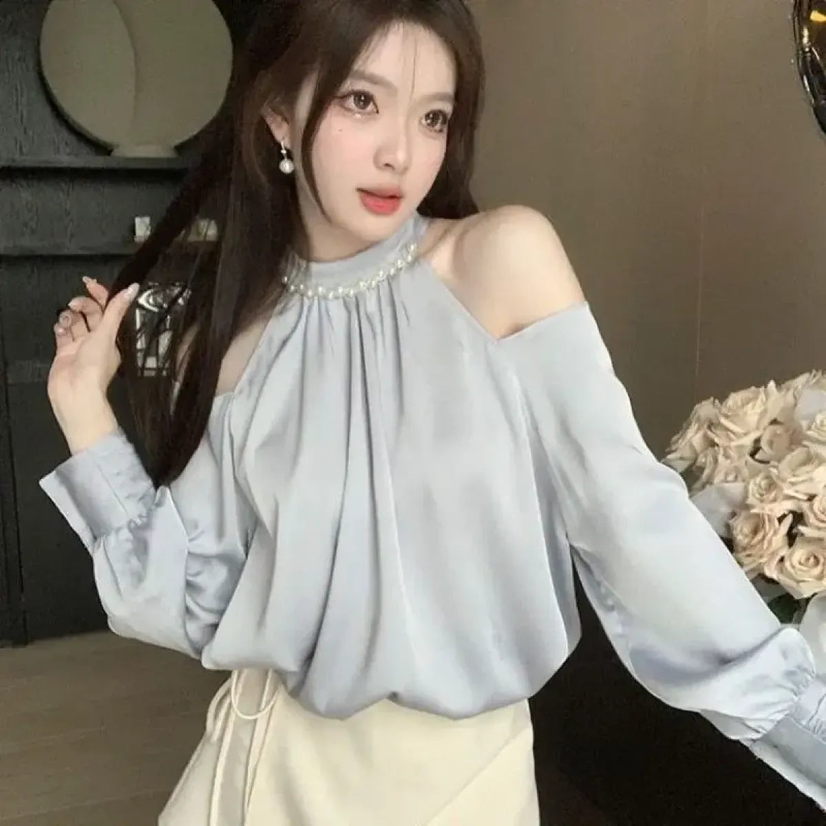 Korean Off-Shoulder Pearl Blouse - Women’s Clothing & Accessories - Blouse - 4