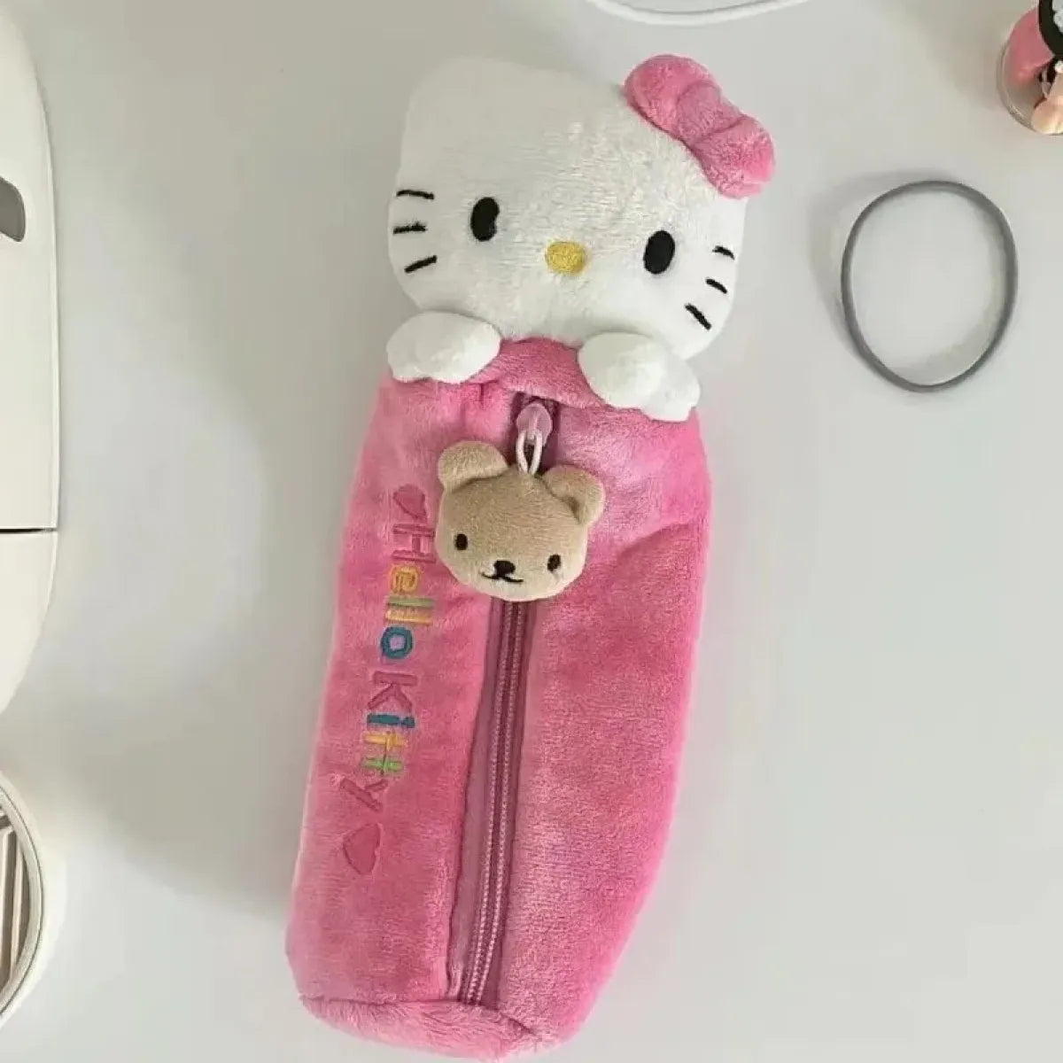 Hello Kitty Plush Pencil Pouch with Bear Zipper Pull - Harajuku Style - Pouch / Makeup Bag - 4