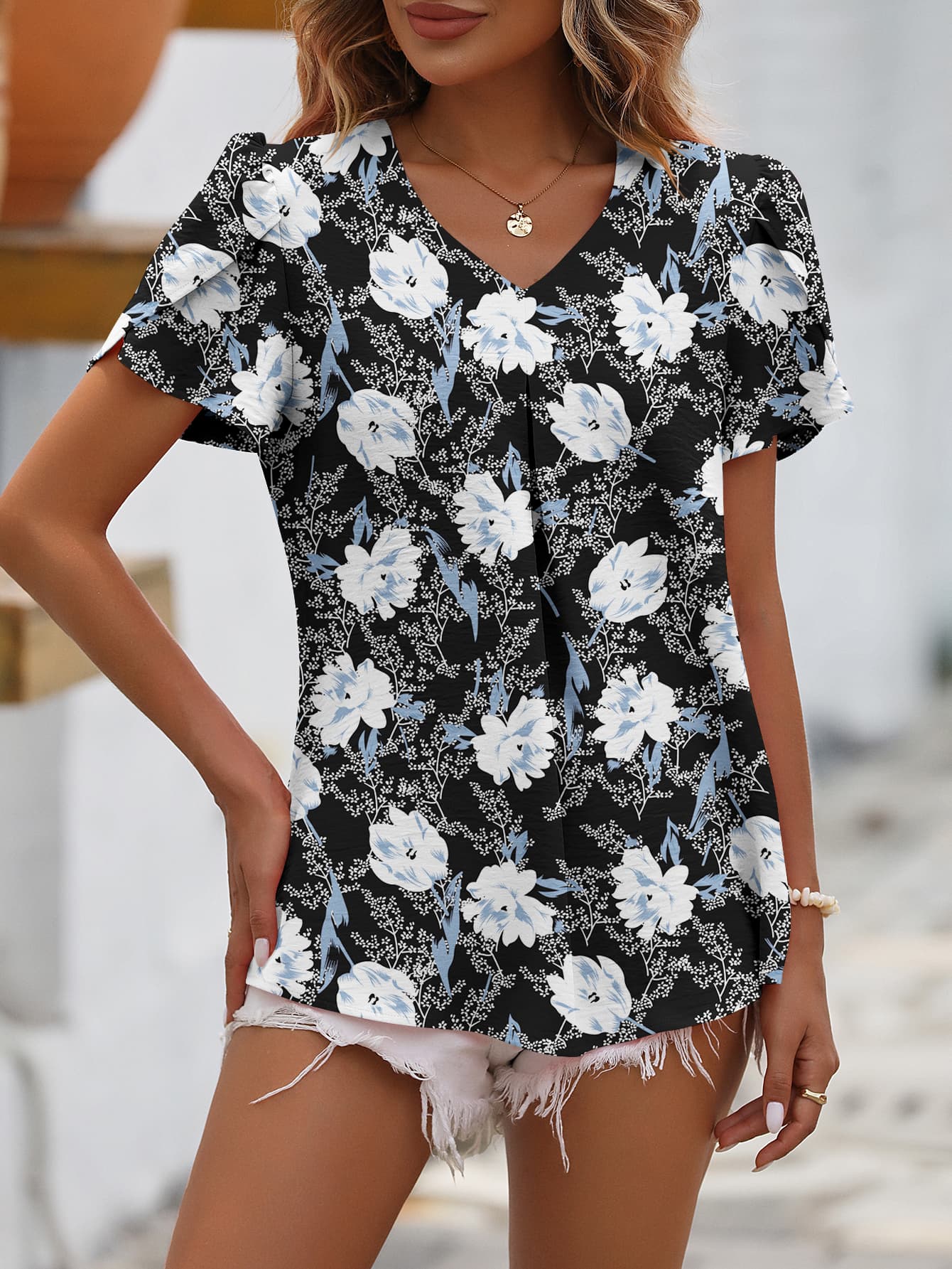 Ruche V-Neck Petal Sleeve Top - Dark Blue / S - T-Shirts - Shirts & Tops - 13 - 2024