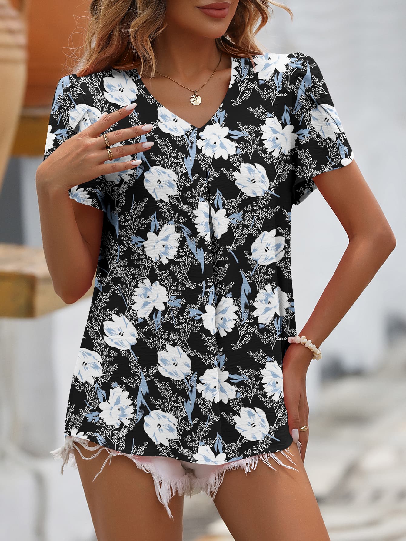 Ruche V-Neck Petal Sleeve Top - T-Shirts - Shirts & Tops - 14 - 2024