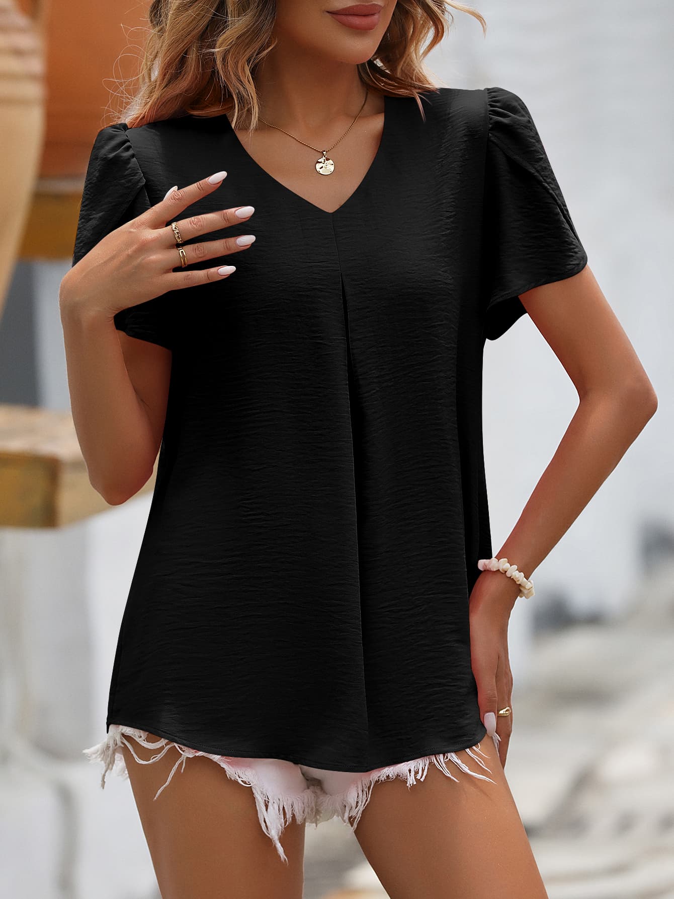 Ruche V-Neck Petal Sleeve Top - T-Shirts - Shirts & Tops - 8 - 2024