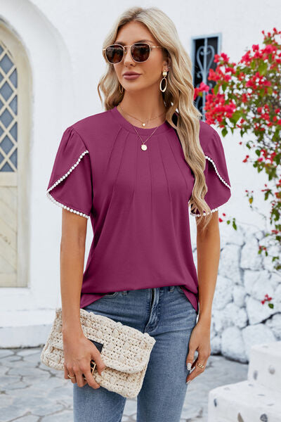 Round Neck Petal Sleeve T-Shirt - Wine / S - T-Shirts - Shirts & Tops - 22 - 2024