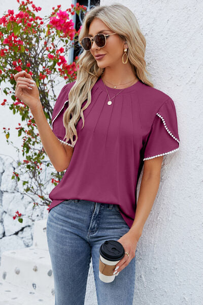 Round Neck Petal Sleeve T-Shirt - T-Shirts - Shirts & Tops - 24 - 2024