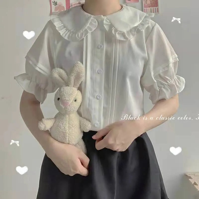 White Peter Pan Collar Blouse - Kawaii Ruffle Short Sleeve Shirt - T-Shirts - T-Shirts - 2024 - 1 - Worldwide Shipping