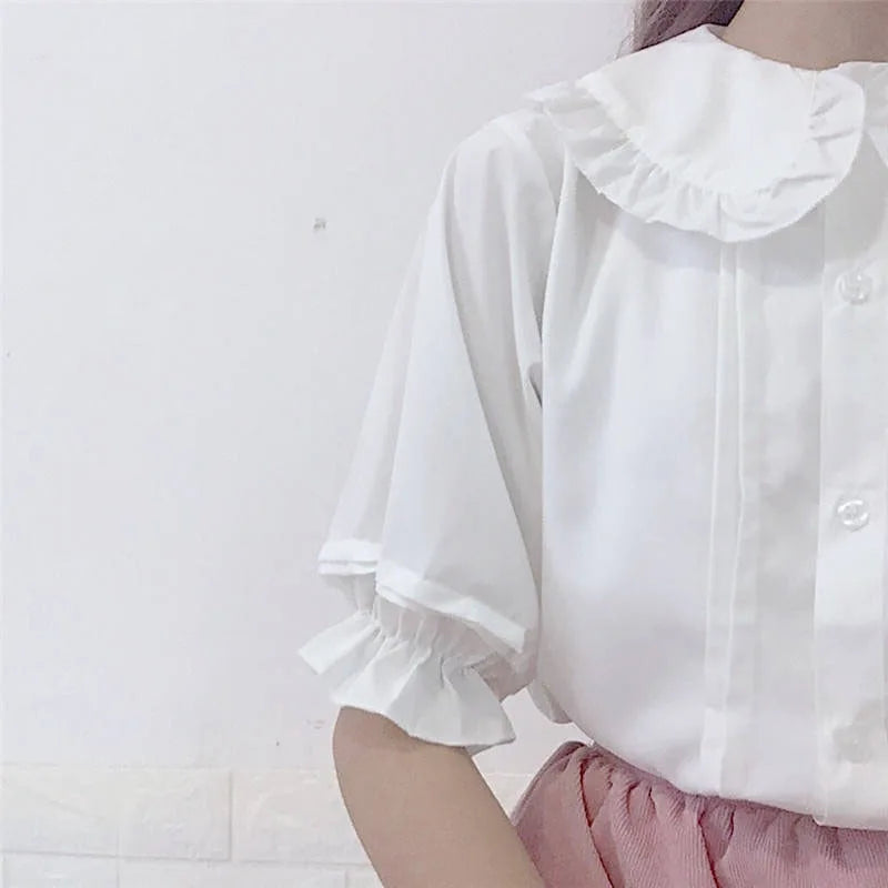 White Peter Pan Collar Blouse - Kawaii Ruffle Short Sleeve Shirt - T-Shirts - T-Shirts - 2024 - 8 - Worldwide Shipping