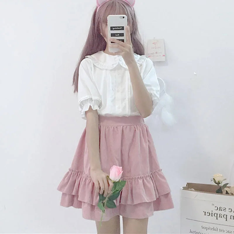 White Peter Pan Collar Blouse - Kawaii Ruffle Short Sleeve Shirt - T-Shirts - T-Shirts - 2024 - 6 - Worldwide Shipping