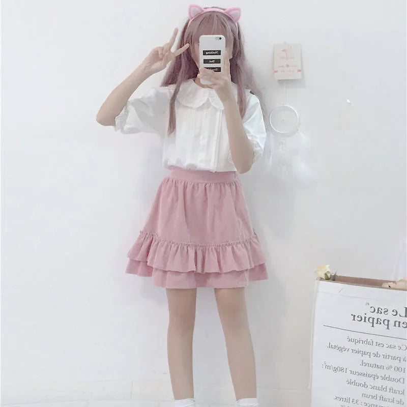 White Peter Pan Collar Blouse - Kawaii Ruffle Short Sleeve Shirt - T-Shirts - T-Shirts - 2024 - 5 - Worldwide Shipping