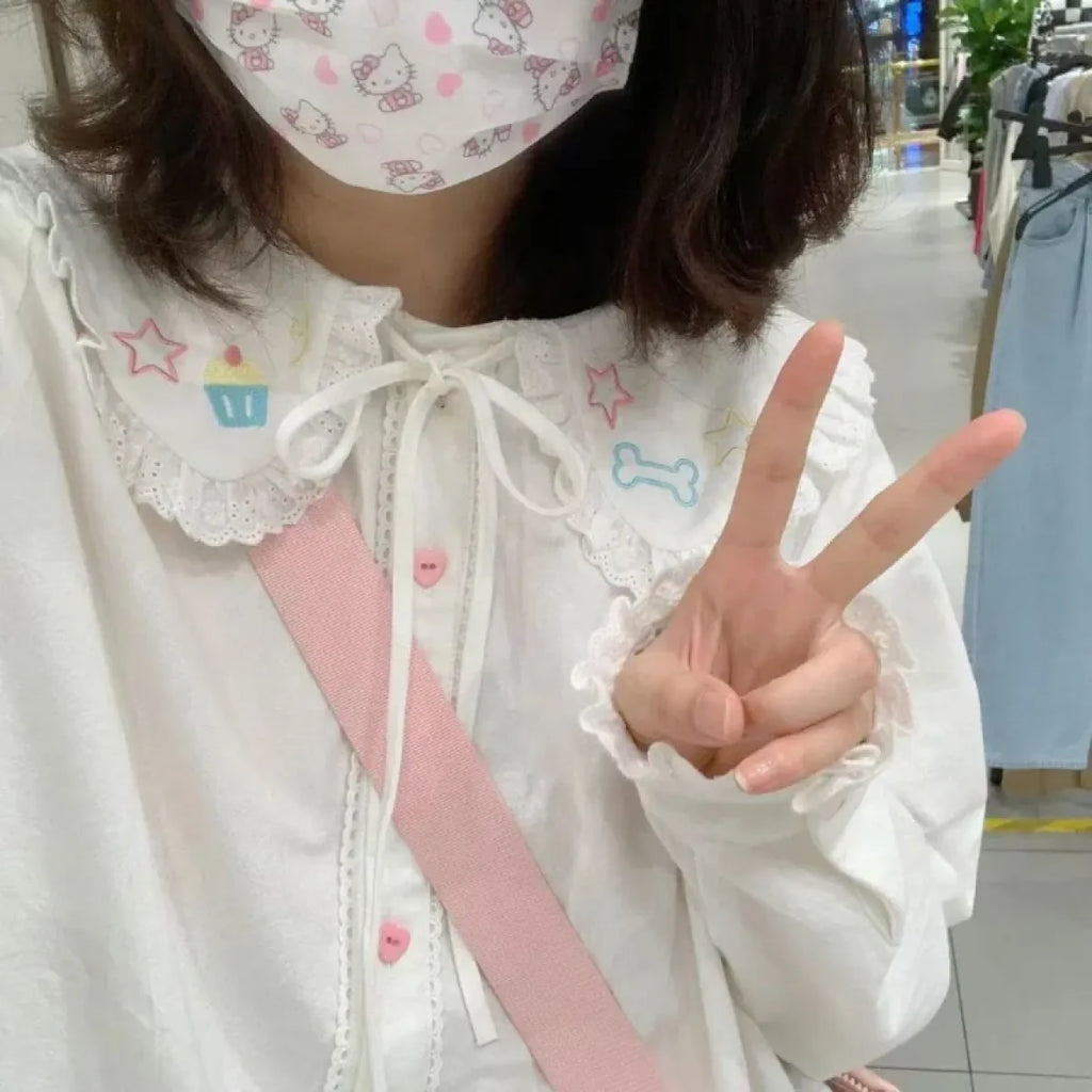 Lace Peter Pan Collar Star Embroidered Blouse - Women’s Clothing & Accessories - Blouse - 1