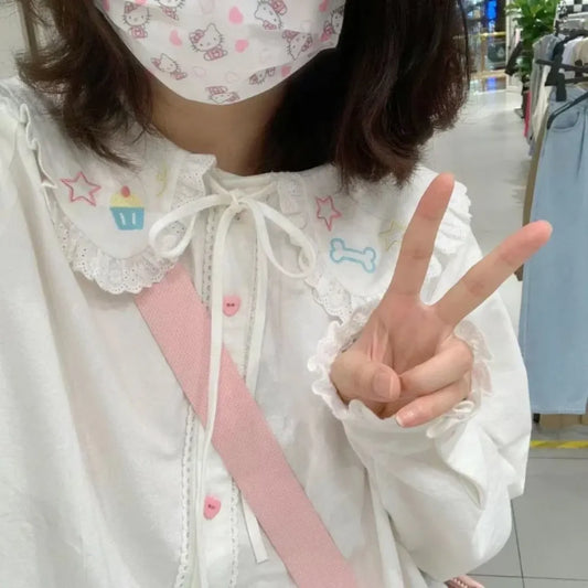 Lace Peter Pan Collar Star Embroidered Blouse - Women’s Clothing & Accessories - Blouse - 1