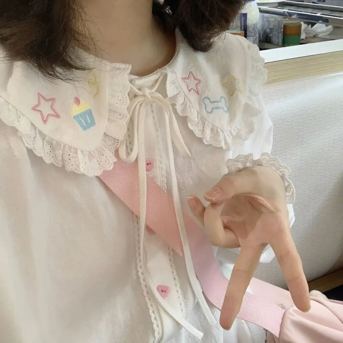 Lace Peter Pan Collar Star Embroidered Blouse - Women’s Clothing & Accessories - Blouse - 7