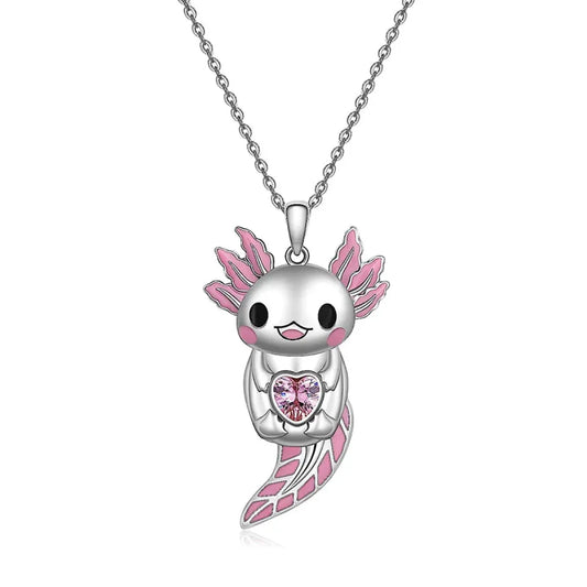 Cute Pink Axolotl Necklace - Enamel Pendant with Crystal Charm - Accessories - Jewelry - 6