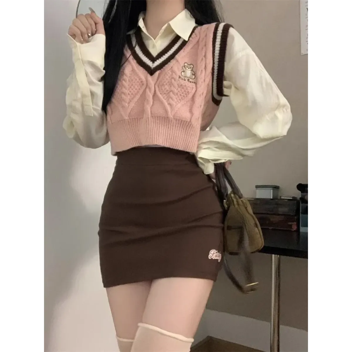 Harajuku Pink Bear Knit Vest with V-Neck - Best Sellers - Sweater / Pullover - 1