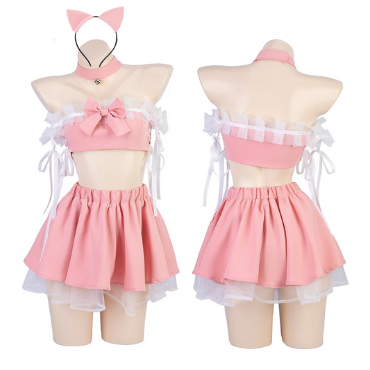 Cute Pink Cat Maid Lolita Uniform - Off-Shoulder Tops with Cake Skirt Outfit - Pink / One Size - Bottoms - Costumes - 1