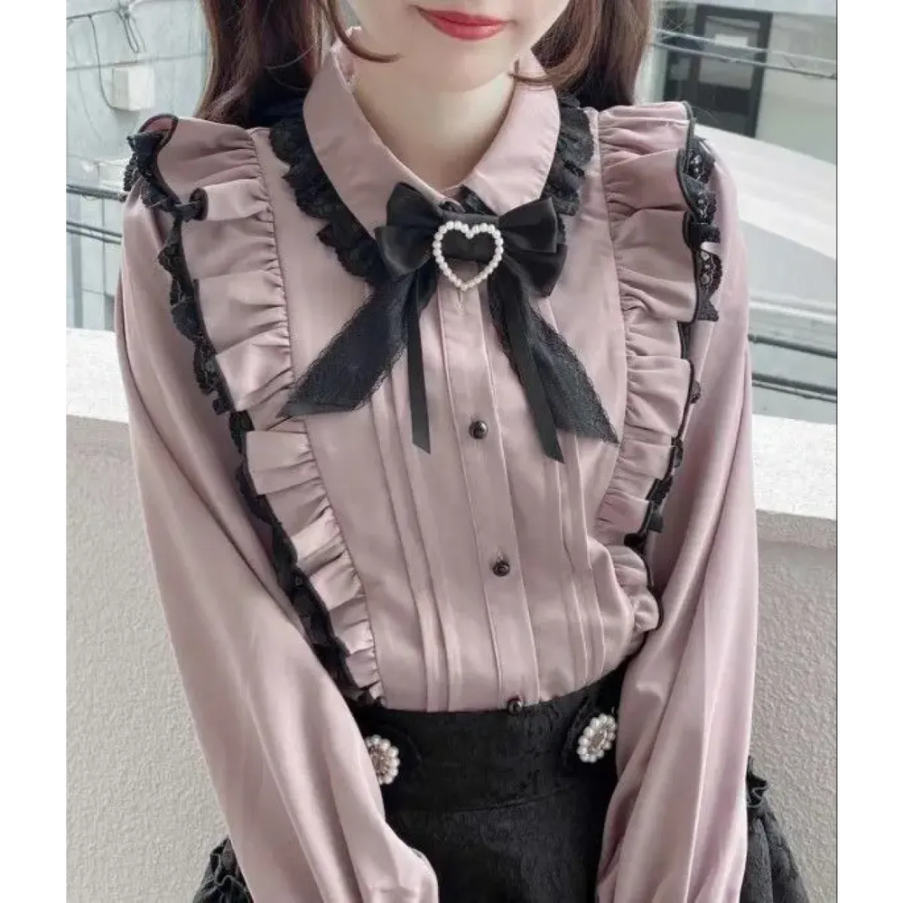 Pink Lace Ruffle Blouse - Kawaii Lolita Bow Top - T-Shirts - Short - Shirt - Blouses - 1