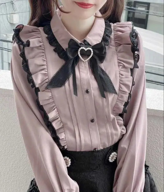 Pink Lace Ruffle Blouse - Kawaii Lolita Bow Top - T-Shirts - Blouses - 2024 - 1 - Worldwide Shipping