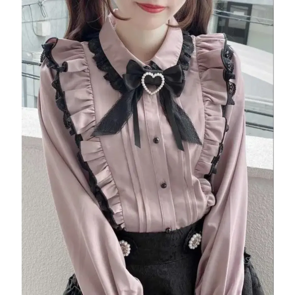 Pink Lace Ruffle Blouse - Kawaii Lolita Bow Top - T-Shirts - Short - Shirt - Blouses - 1