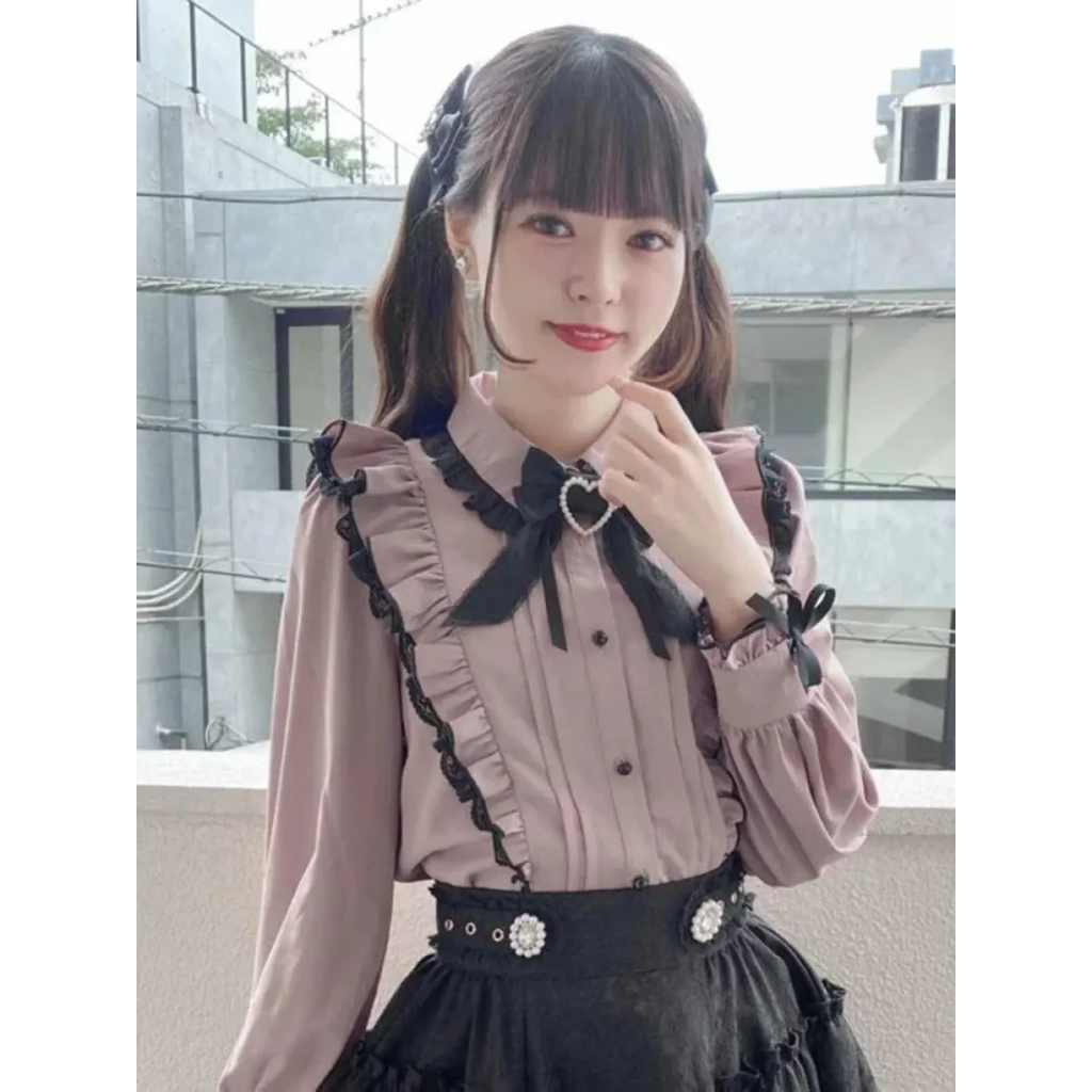 Pink Lace Ruffle Blouse - Kawaii Lolita Bow Top - T-Shirts - Short - Shirt - Blouses - 2