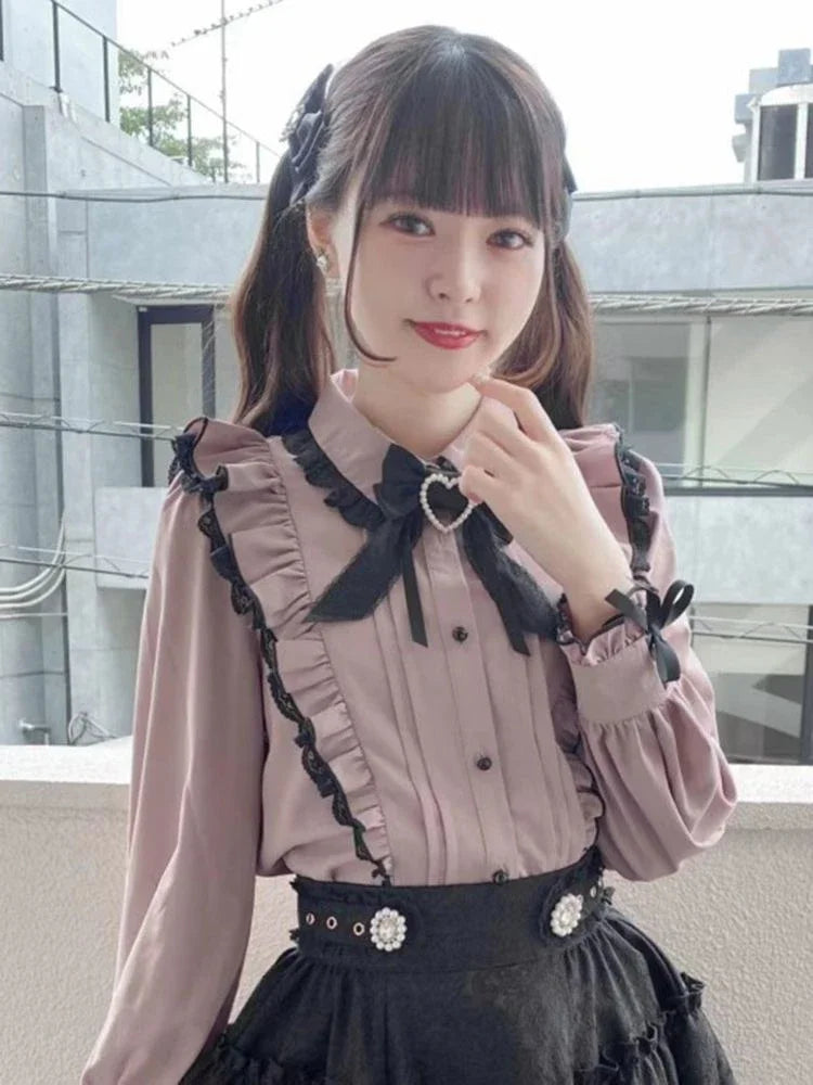 Pink Lace Ruffle Blouse - Kawaii Lolita Bow Top - T-Shirts - Blouses - 2024 - 2 - Worldwide Shipping