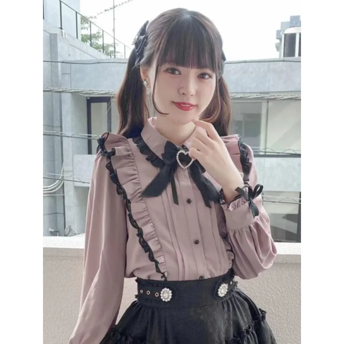 Pink Lace Ruffle Blouse - Kawaii Lolita Bow Top - T-Shirts - Short - Shirt - Blouses - 2