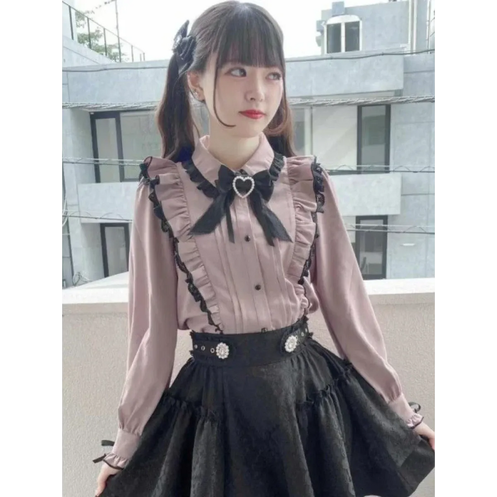 Pink Lace Ruffle Blouse - Kawaii Lolita Bow Top - T-Shirts - Short - Shirt - Blouses - 3