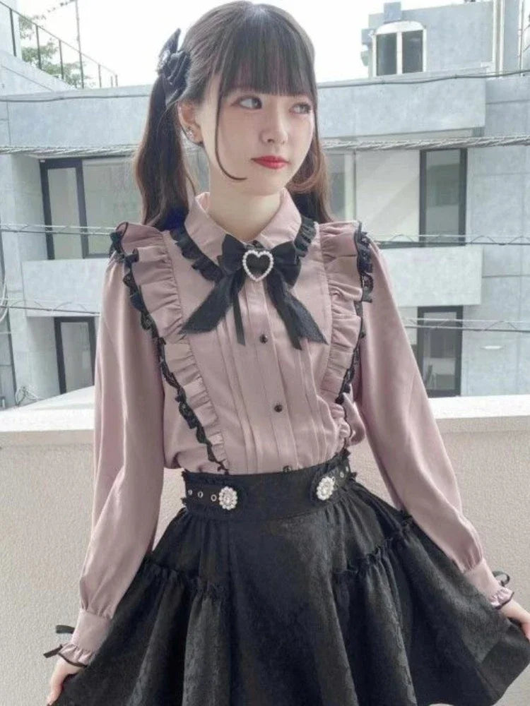 Pink Lace Ruffle Blouse - Kawaii Lolita Bow Top - T-Shirts - Blouses - 2024 - 3 - Worldwide Shipping