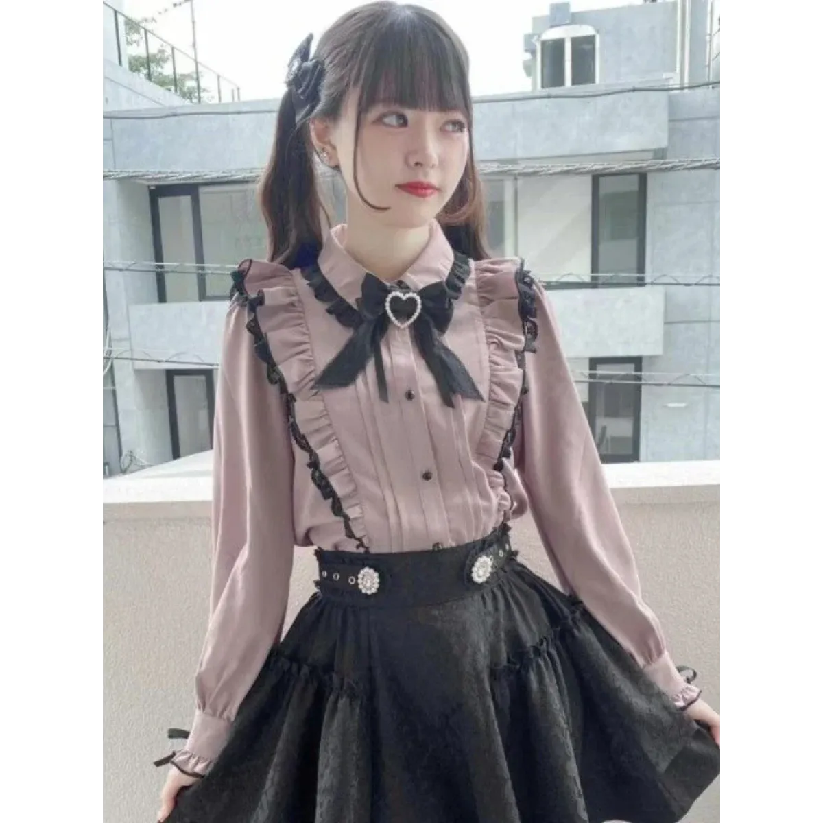Pink Lace Ruffle Blouse - Kawaii Lolita Bow Top - T-Shirts - Short - Shirt - Blouses - 3