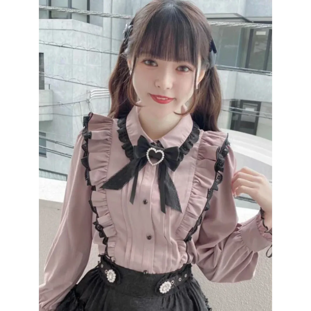 Pink Lace Ruffle Blouse - Kawaii Lolita Bow Top - T-Shirts - Short - Shirt - Blouses - 4