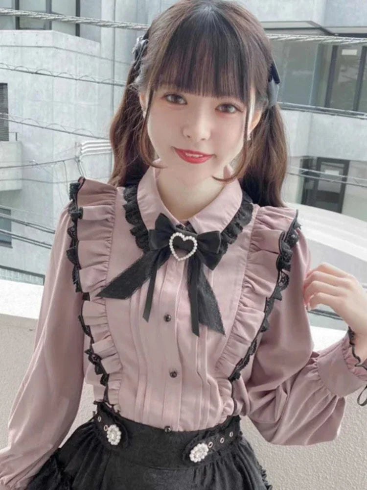 Pink Lace Ruffle Blouse - Kawaii Lolita Bow Top - T-Shirts - Blouses - 2024 - 4 - Worldwide Shipping